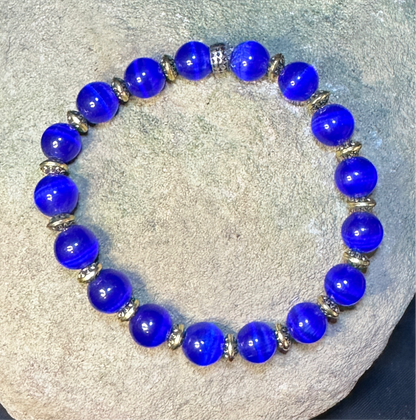 Blue Moonstone 8mm & Tibetan Brass Bead Stretchy Bracelet