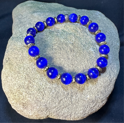 Blue Moonstone 8mm & Tibetan Brass Bead Stretchy Bracelet