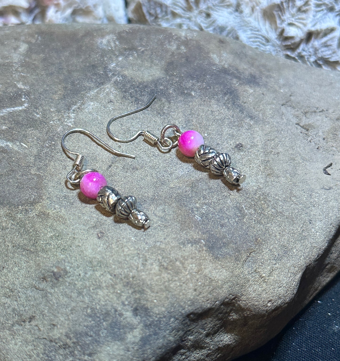 Pink Tourmaline with Tibetan Silver Charm Beads Hanging Pair