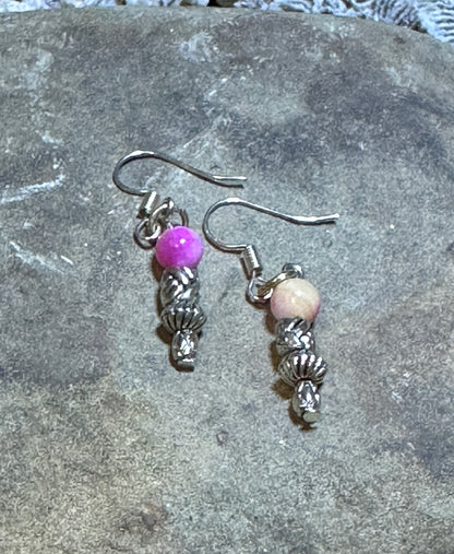 Pink Tourmaline with Tibetan Silver Charm Beads Hanging Pair