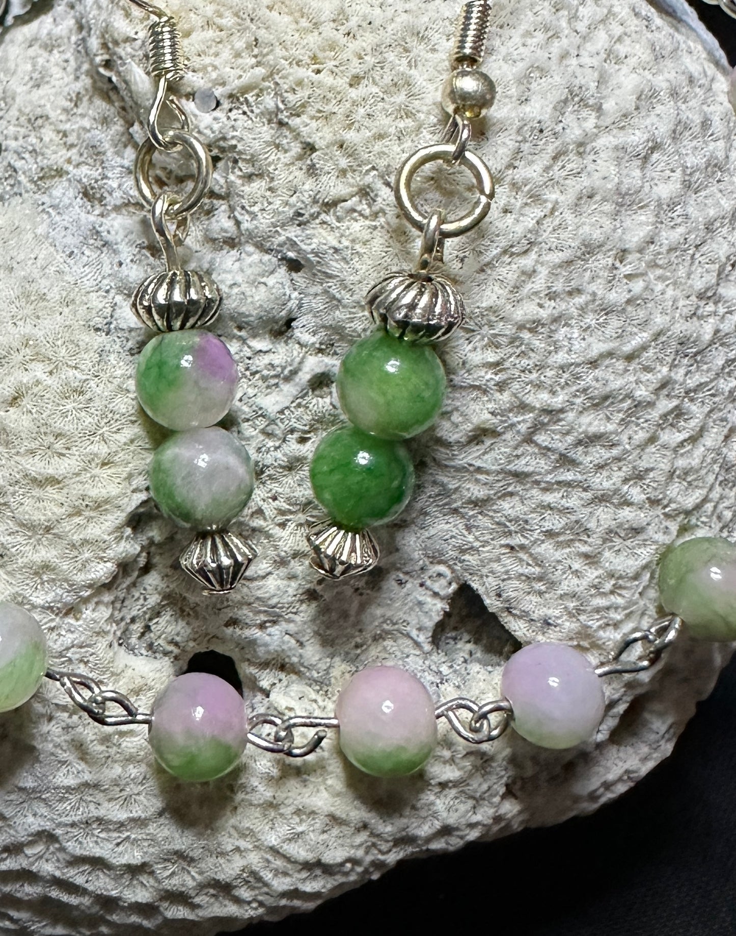 Pink Tourmaline with Green 6mm Bracelet and Earrings