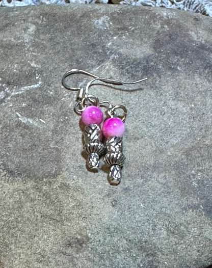 Pink Tourmaline with Tibetan Silver Charm Beads Hanging Pair