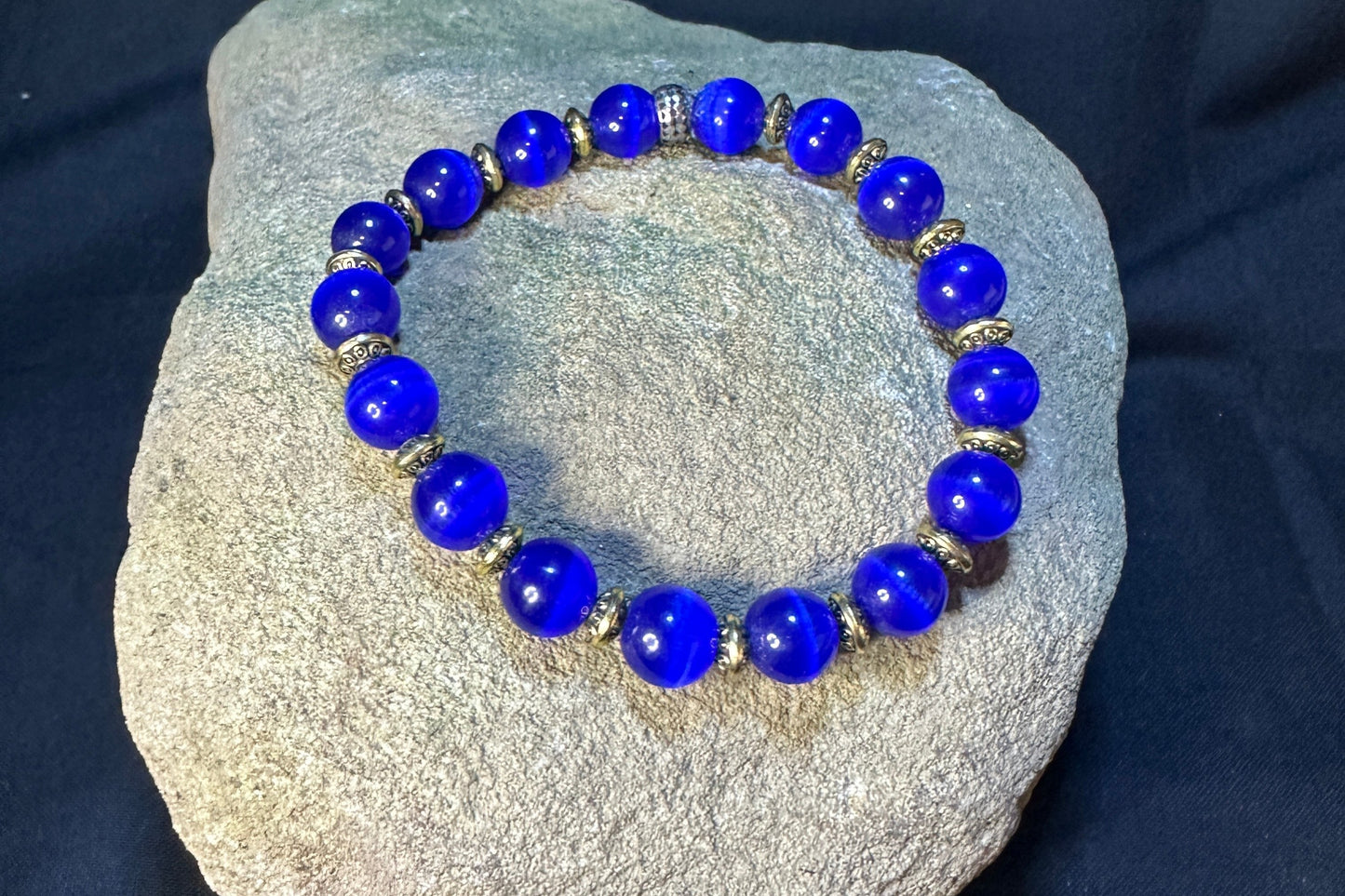 Blue Moonstone 8mm & Tibetan Brass Bead Stretchy Bracelet