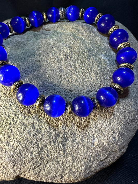 Blue Moonstone 8mm & Tibetan Brass Bead Stretchy Bracelet