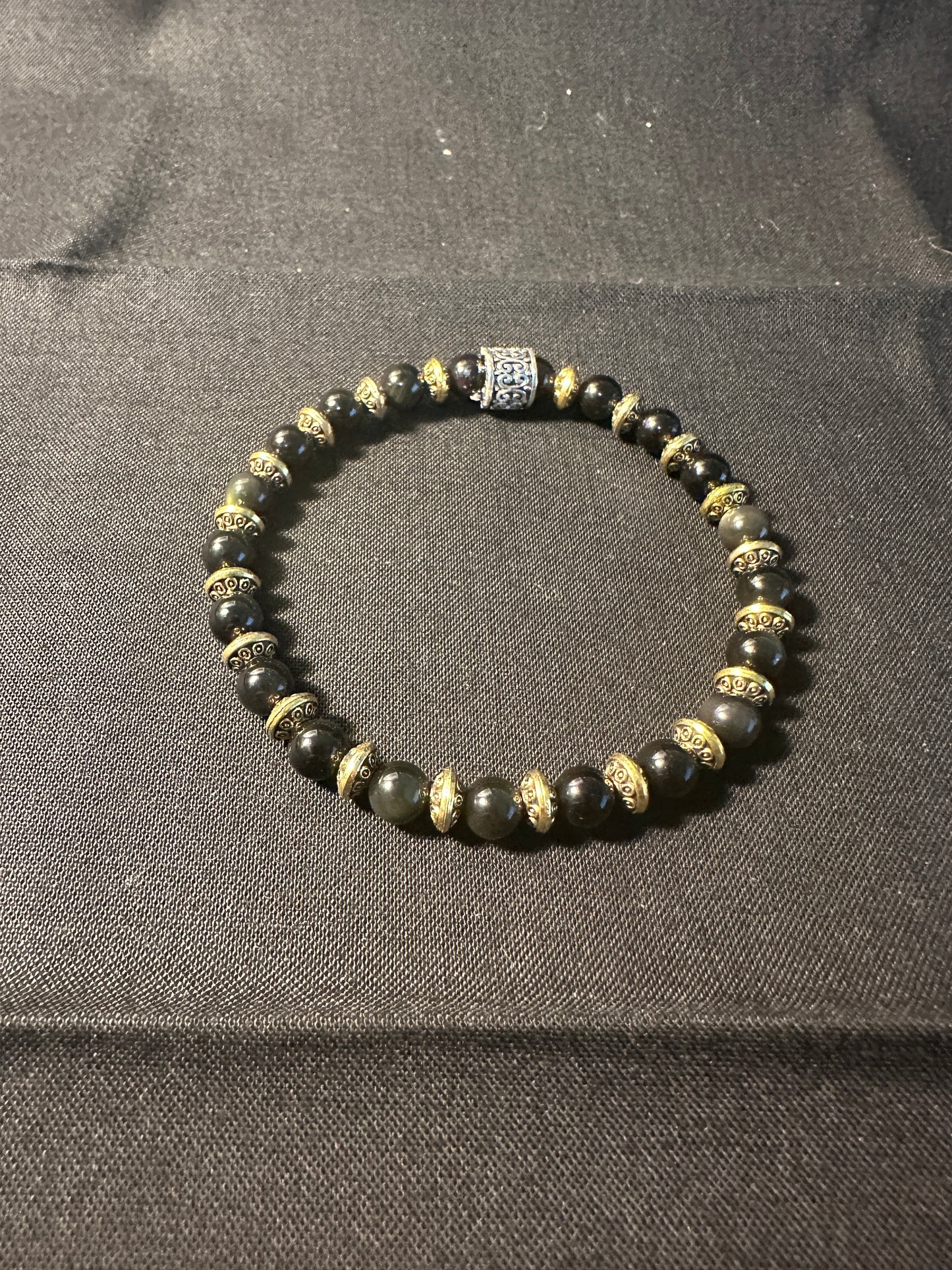 Black Obsidian A+ Bead with Tibetan Charm Spacer Stretchy Bracelet