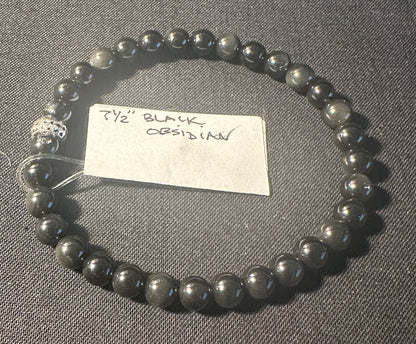 Black Obsidian A+ Bead with Tibetan Charm Spacer Stretchy Bracelet