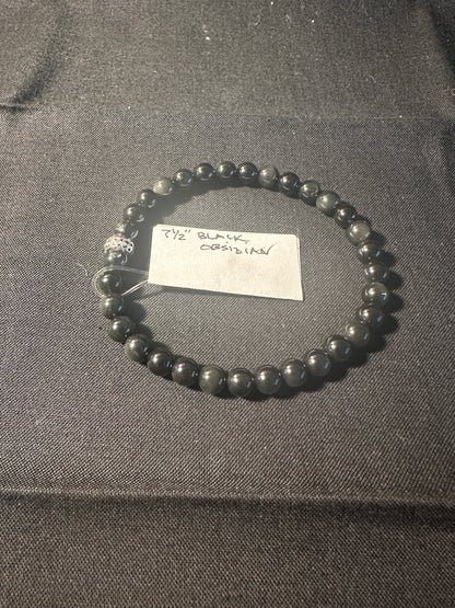 Black Obsidian A+ Bead with Tibetan Charm Spacer Stretchy Bracelet