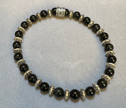 Black Obsidian A+ Bead with Tibetan Charm Spacer Stretchy Bracelet