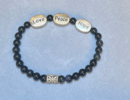 Black Obsidian A+ Bead with Tibetan Charm Spacer Stretchy Bracelet