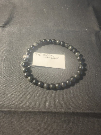 Black Obsidian A+ Bead with Tibetan Charm Spacer Stretchy Bracelet